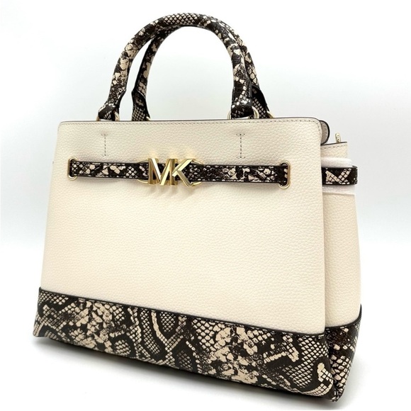 Michael Kors Large Reed Leather Belted Satchel Crossbody Bag Cream Snakeskin - Picture 1 of 12